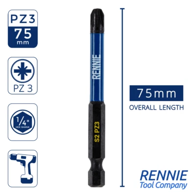 RENNIE TOOL COMAPNY 5 x PZ3 75mm Long Magnetic Impact Duty Screwdriver Drill Driver Bits Pozi NO.3