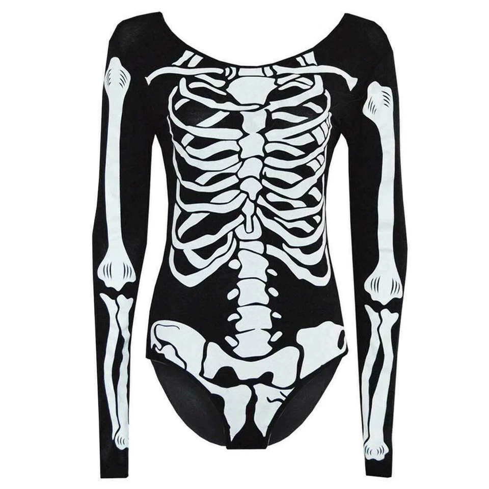METLUQ Ladies Women's Skeleton Halloween Long Sleeve Bodysuit Leotard Top UK 8-26