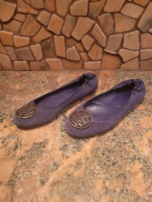 Ballet Tory Burch Mujer Reva Pisos Púrpura Gamuza Cuero Logo Punta Redonda 7.5 Foto 1 de 4