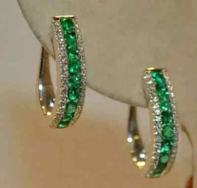 3 Ct Round Cut Green Emerald Women's Huggie/Hoops Earring 14k White Gold Plated - Image 1 of 4