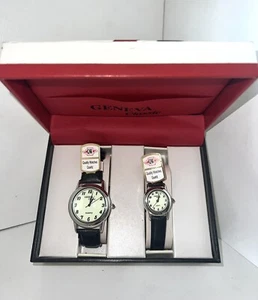 GENEVA CLASSIC QUARTZ WATCH SET HIS & HERS BLACK FAUX LEATHER BANDS - Picture 1 of 3