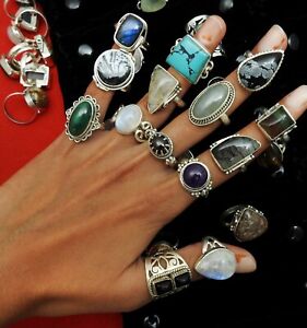 Assorted Natural Gemstone Wholesale Chunky Rings Lot 925 Sterling Silver Jewelry