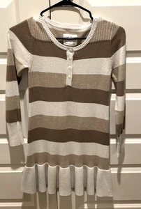 Justice Long Sleeve Stripe Dress Tans/White Size 14 Girl's EUC - Picture 1 of 6