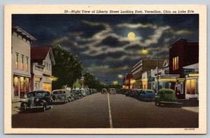 Postcard Ohio Vermilion Western Union Night View Liberty St Old Cars Moon c1940s - Picture 1 of 2