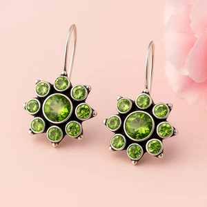 Sterling Silver Green Peridot Earrings–August Birthstone Handmade Flower Jewelry - Picture 1 of 4