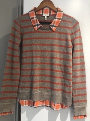 Joie - Camel & Orange Striped Cashmere Sweater w/ Plaid Shirt Trim Sz S - Image 1 of 4