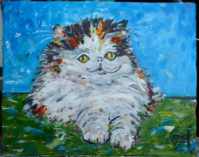 Panel de tarjetas de pintura PUDGIE THE PUFFY CALICO CAT 8x10 arte original firmado Crowell Foto 1 de 4