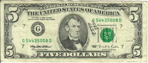 1995 5$ FRN - Small portrait w/ security thread - MEW/RER G54435008D - #15325 - Picture 1 of 2