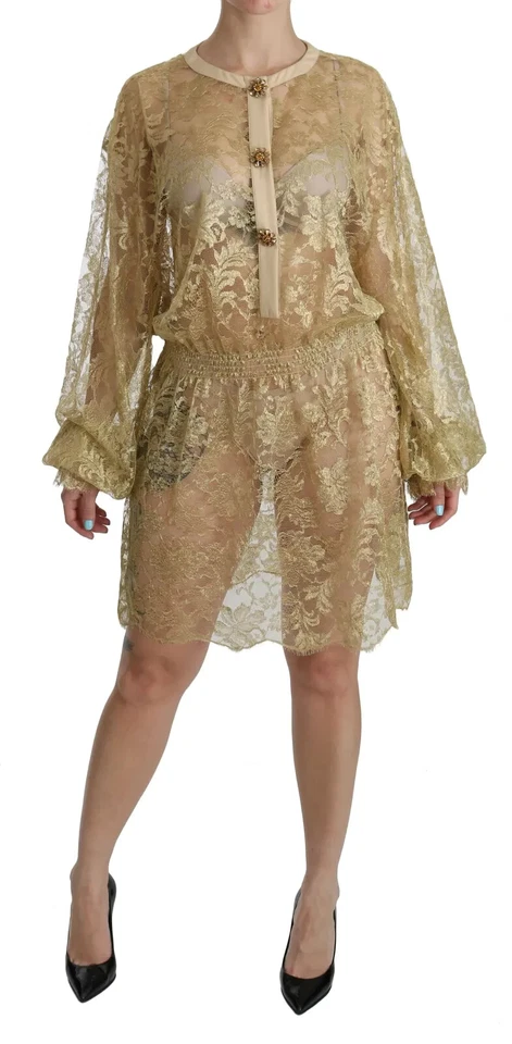 Dolce&Gabbana Women Gold Dress Cotton Lace See Through Knee Length Gown IT 40 S