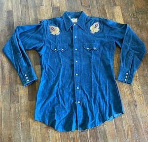 Vintage 70s Dee Cee Pearl Snap Blue Denim Embroidered Western Shirt Cowboy Rodeo - Picture 1 of 13