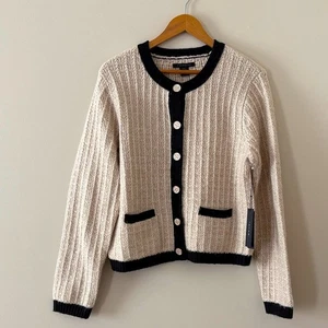 New Tahari Lady Cardigan Sweater Gold Pearl Button Front Cream Black Size XL - Picture 1 of 8