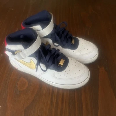Nike AF-1 High Olympic 2012 Youth Size 7 White W/ Gold And Navy Preowned - Image 1 of 4