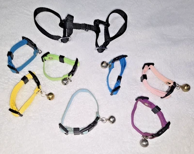 批量 8 件 雪貂项圈 (7) 和线束 (1) 多彩带铃铛可调节 — 第 1/4 张图片
