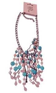 Yehwang Modeschmuck Kette Statement-Kette Nickelfrei Perlen in Rose und Türkis - Bild 1 von 2