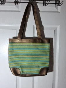 Carribean Joe Green/Teal Stripe Tote/Purse Bag Boho Vacation Beach 13X10 - Picture 1 of 12