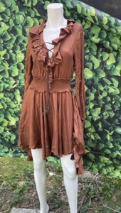 ARTKA Crazy In Life braunes Bauernkleid XS? Langarm Mieder Krawatten Neu aus altem Lagerbestand Neu - Bild 1 von 14