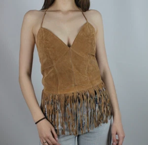 PUNK ROCK HIPPIE Halter Bra suede Top Vintage Real Leather New old stock fringe - Picture 1 of 6