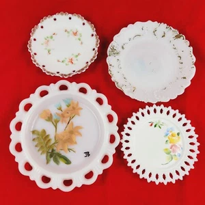 4 Vintage Milk Glass Plates Floral Painted Pierced Lace Scroll - Picture 1 of 9