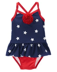 NWT Gymboree Skirted Rosette Stars Swimsuit Patriotic Red White Blue Girls 3T 4T - Picture 1 of 1