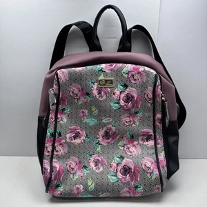 New! Luv By Betsey Johnson Backpack Bag Faux Leather Floral Print Black Purple - Picture 1 of 20
