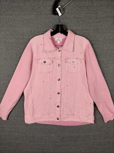 Quacker Factory Womens Jacket Large Pink Denim Knit Sleeve Back Rhinestone Fun - Picture 1 of 9