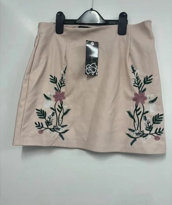New With Tags. Ladies Leather Skirt- Embroidered Flowers- New Look Size 12 - Image 1 of 4