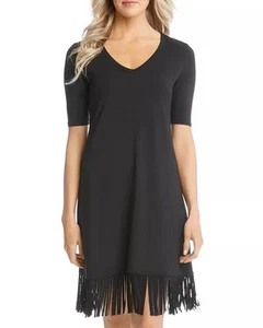 Vestido de Lujo Karen Kane Talla S Negro Borde con Flecos Línea A Cuello en V - Imagen 1 de 8
