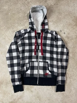 Vintage Y2K Fox Girls Hoodie Size XL Plaid Checkered Full Zip White Black - Image 1 of 4