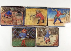 Set of 5 Coasters with Flemish?? Northern Europe?? Medieval Times people at work - Picture 1 of 12