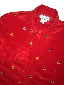 Blusa vintage para mujer Diane Gilman 2X roja 100 % seda pedrería adornada - Imagen 1 de 13