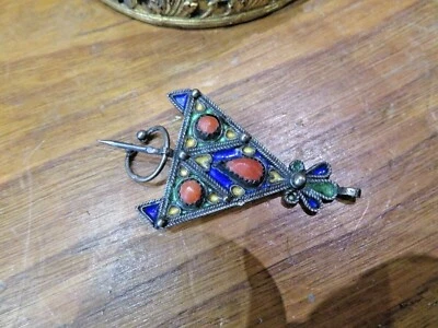 ancien bijoux oriental broche en argent et corail emaillee algerie  fibule - Photo 1/3
