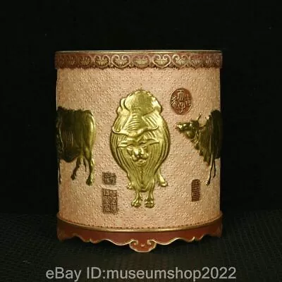 5.4  Old China Qianlong Marked Famile Rose Porcelain Gilt 5 Bull Oxen Brush Pot • 1350$