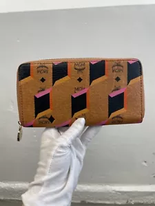 Authentic MCM Brown Visetos Monogram Leather Diamond Print Zip Around Wallet - Picture 1 of 9
