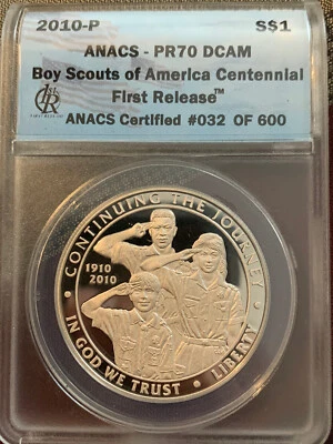 2010-P $1 Boy Scouts Commemorative Silver Dollar ANACS PR70DCAM First Release - Image 1 of 4
