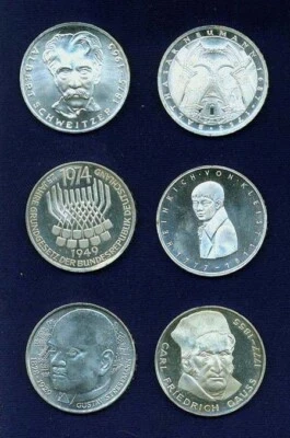 GERMANY 5 MARK SILVER COINS: 1974-F, 1975-G, 1977-J, 1977-G, 1978-D, & 1978-F - Image 1 of 2