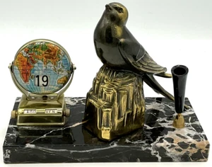 Vintage Perpetual Desk Calendar Swallow Bird Art Deco Marble Base Pen Holder - Picture 1 of 14