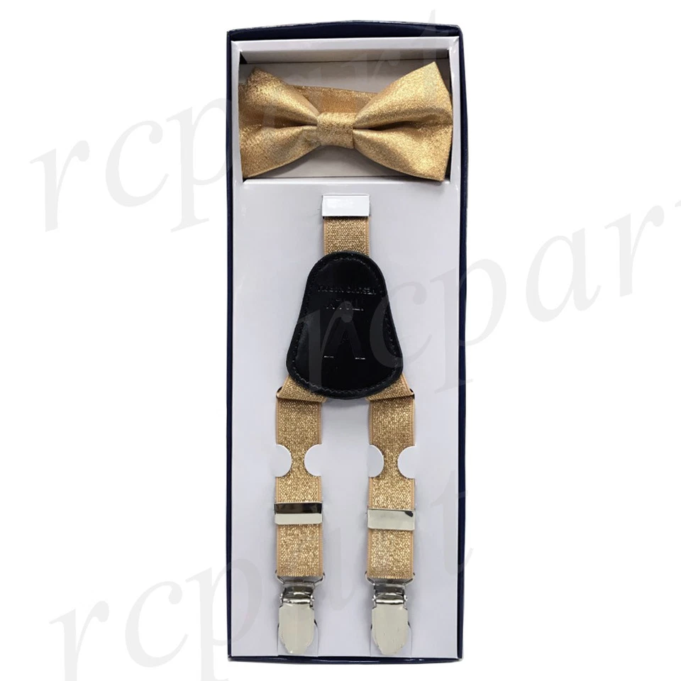 New Y back Kid's Boy's Suspender Braces & bowtie set strap clip on Gold glitter - Image 1 of 1