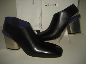 $1450 NEW CELINE US 9 EUR 39.5 Black Purple Leather Booties Mirror Heels Shoes - Picture 1 of 9
