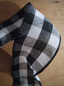 2 Yards 2.5" Black & White Check Fabric Wired Edge Ribbon - Picture 1 of 2