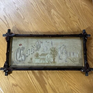 Antique Embroidered God Bless Our Home Framed Cross Stitch Needlepoint Country - Picture 1 of 24