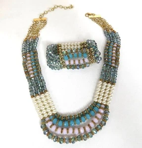 Crystal and Faux Pearl Multi-Strand Beaded Necklace And Stretch Bracelet - Picture 1 of 11