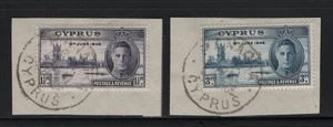 CYPRUS 1946 PANAGRA G.R. RURAL SERVICE POSTMARK ON 2 VICTORY STAMPS SET - Picture 1 of 1