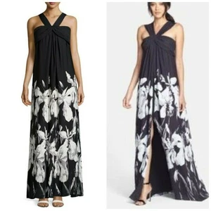 Halston Heritage Iris Print Crepe Halter Split Front Maxi Dress Size 0 - Picture 1 of 12