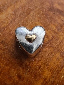 Rare Genuine Pandora Silver Heart With 14K Gold Happy Anniversary Charm S925 ALE - Picture 1 of 5