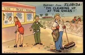 Postcard Report from Florida: Cleaning Up at the Races Cartoon POSTED 1955 - Picture 1 of 2