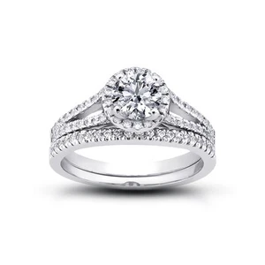 Anillo con halo de 14 k de diamantes naturales redondos H/I1 de 1,43 quilates con alianza de boda - Imagen 1 de 4