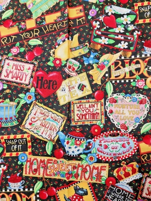 Mary Engelbreit 2009 Hogar Dulces Lemas Sillas Sombreros Floral Perro VIP Cranston 2 yardas Foto 1 de 4