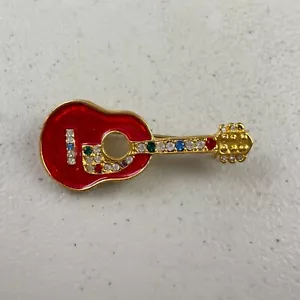 Vintage Guitar Pin Red w/ crystals Musical Pin 1990s Enamel Multi Color Crystals - Picture 1 of 2