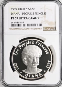 1997 Liberia Silver 20 Dollars Diana - People's Princess - NGC PF 69 ULTRA CAMEO - Picture 1 of 4