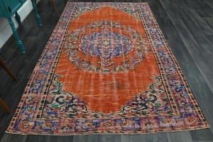 5.9x9.1 Ft, TURKISH Rug, Orange Blue Rug, Vintage Wool Rug, Living Room Rug, 6x9 - Picture 1 of 10